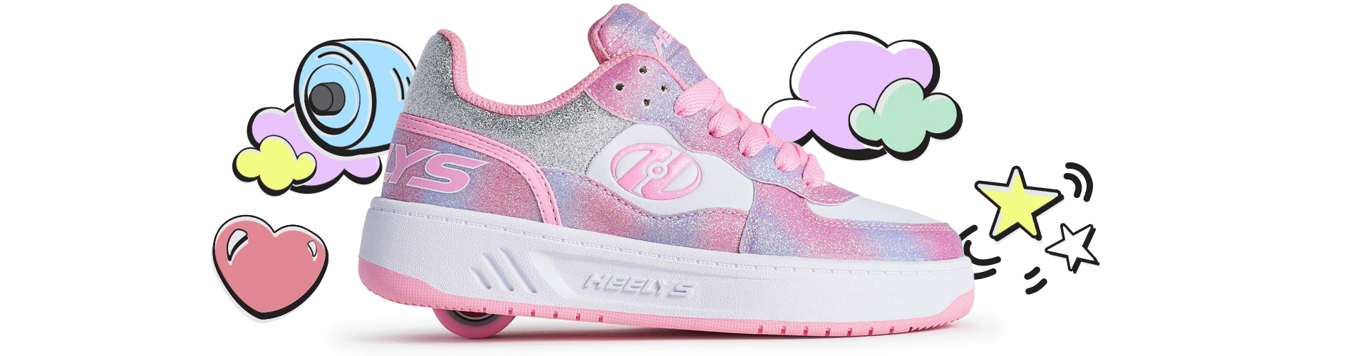 Pink and gray girls Heely with cartoon elements on a white background