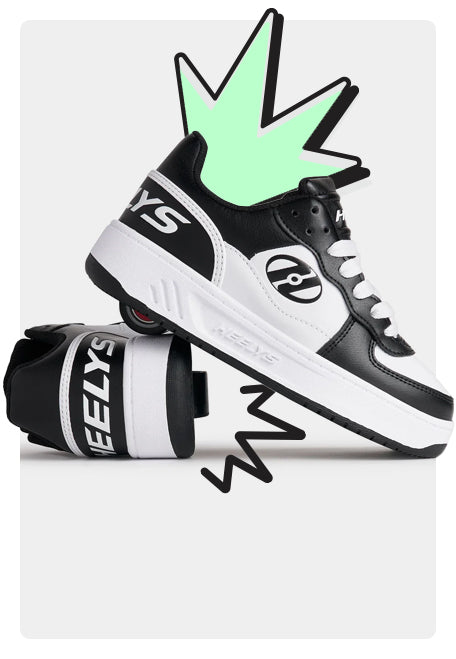 Black and white Mens Heelys for Adults roller shoes with green accents on a white background