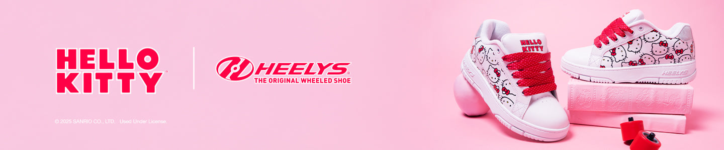 Hello Kitty Heelys shoes on a pink background with Heelys logo.