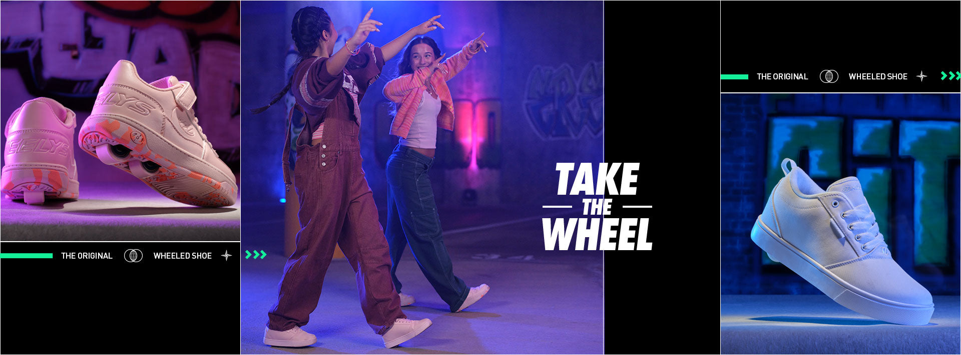 Three images showing Girls Heelys roller shoes, a dance performance and Boys Heelys Footwear.