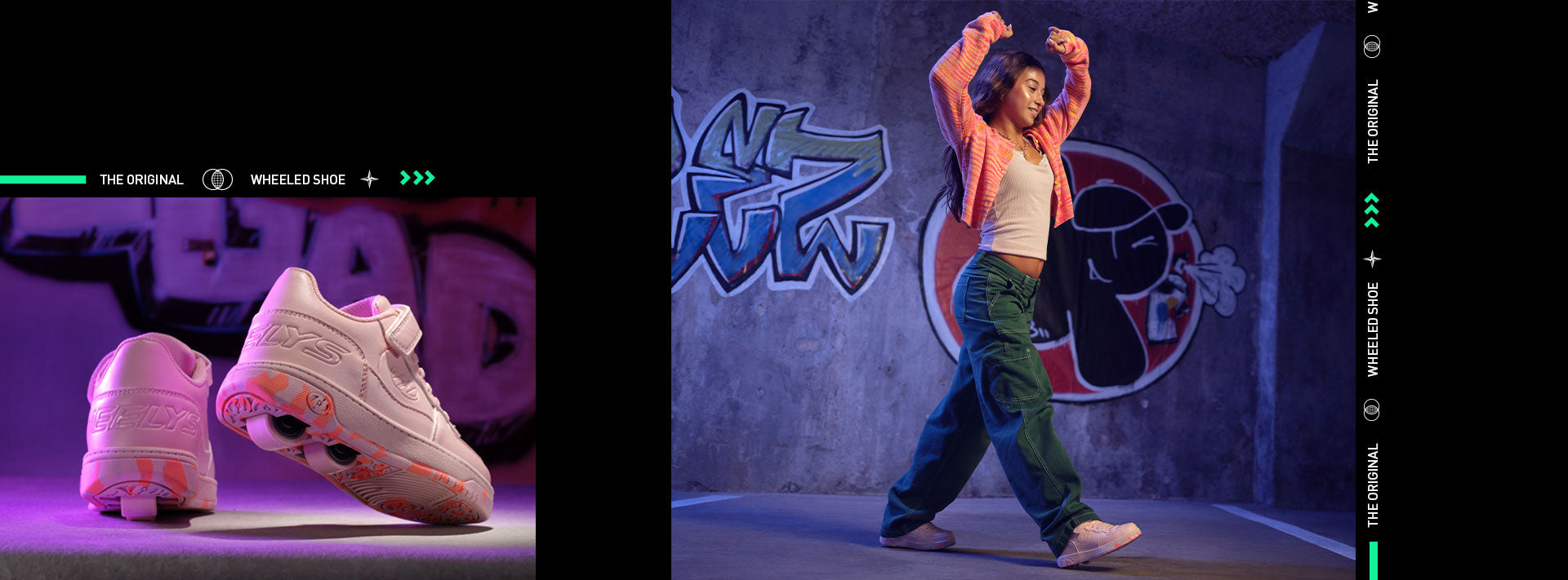 Pair of Heelys roller shoes on a purple platform with a dancer in an urban setting.