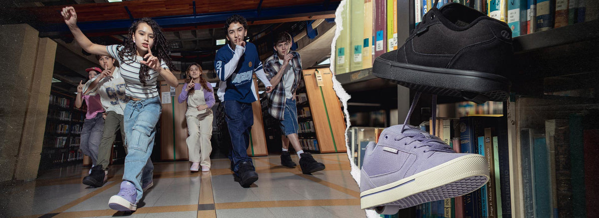 A collage with several children Heelying in a library on the left, and a close-up of black and lavender Heelys Pro 25 hanging from a bookshelf on the right.