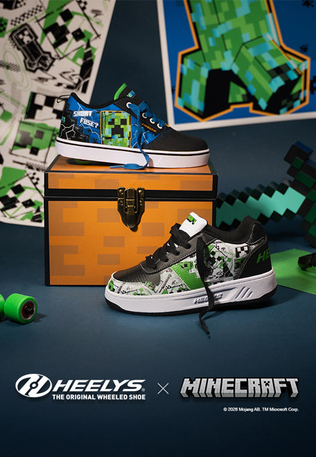 Heelys x Minecraft roller shoes on a dark blue background with game-themed decor.